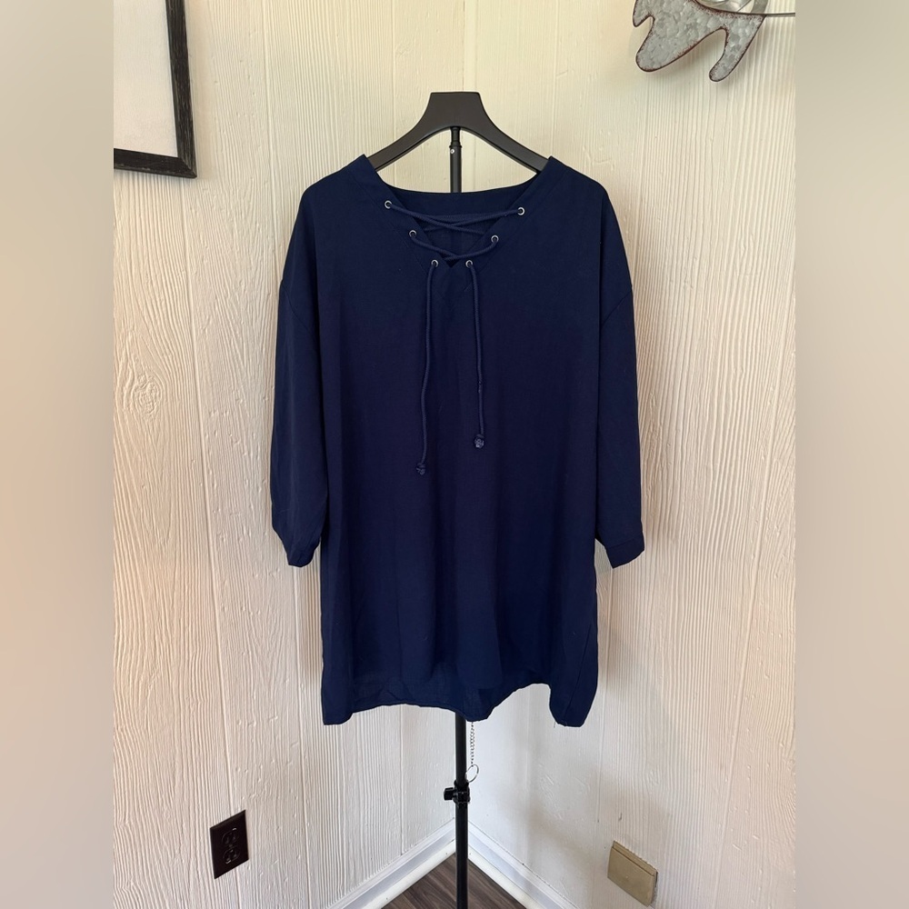 Women’s Linen Navy Pullover Top with String Tie Neckline 4XL